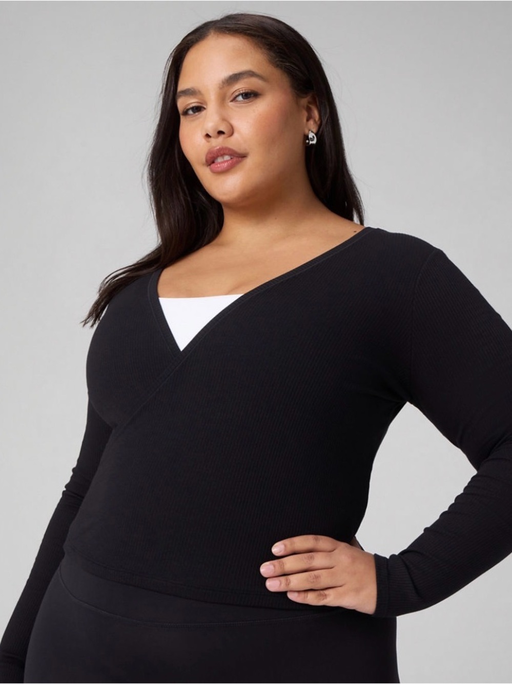 Black Wrap-Front Long-Sleeve Top - Women's